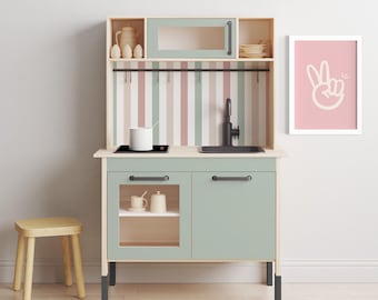 Neutral Stripes Duktig Kitchen Sticker, Play Kitchen Decals, Pretend Play Decor, Kids Playroom Decor, Toddler Toy Room ~ Green or Pink Front