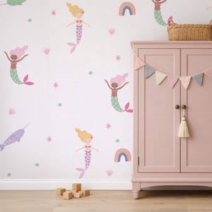 Lindas calcomanías de pared de sirenas para niñas ~ Calcomanías de pared bajo el mar para habitación infantil ~ Calcomanías de pared extraíbles para niñas ~ Idea de regalo para guardería infantil imagen 2