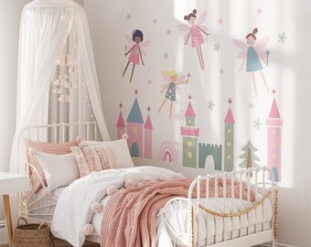 Grande adesivo da parete con fate, adesivo da parete con castello, decorazione per la cameretta delle principesse, murale sopra la culla, parete decorativa per bambini, grande elemento decorativo da parete, decorazione da fiaba