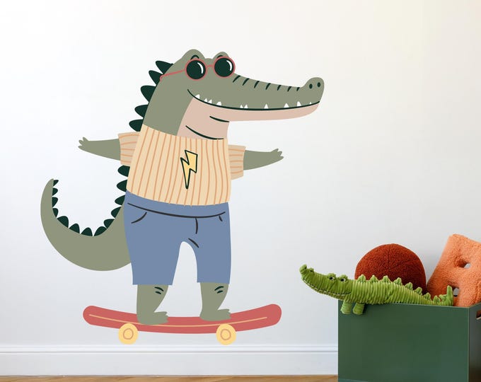 Skater Gator Wall Decals, Skater Wall Stickers, Boy Room Wall Art, Skateboard Wall Decal, Kids Room Decor, Kids Room Decals, Skateboard