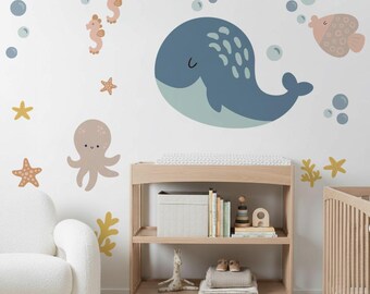 Sea Animal Wall Decal, Big Decals For Nursery Room, Kids Room Decal, Whale Wall Decal, Octopus Wall Sticker, Under Sea Wall Decal, Nautical