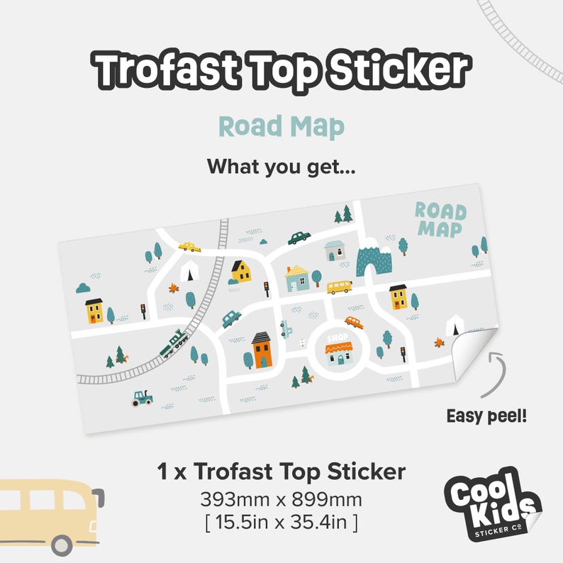 May include: A Trofast top sticker with a road map design. The sticker is 15.5 inches by 35.4 inches and features a colorful illustration of a town with houses, cars, and a train. The sticker is easy to peel and apply.