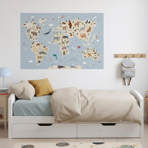 Blue Interactive World Map Decal, Kids Continents Decal, Wildlife Map Stickers, Educational Wall Sticker, Animal Learning ~ 42 Location Pins