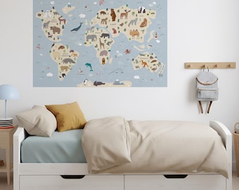 Blue Interactive World Map Decal, Kids Continents Decal, Wildlife Map Stickers, Educational Wall Sticker, Animal Learning ~ 42 Location Pins