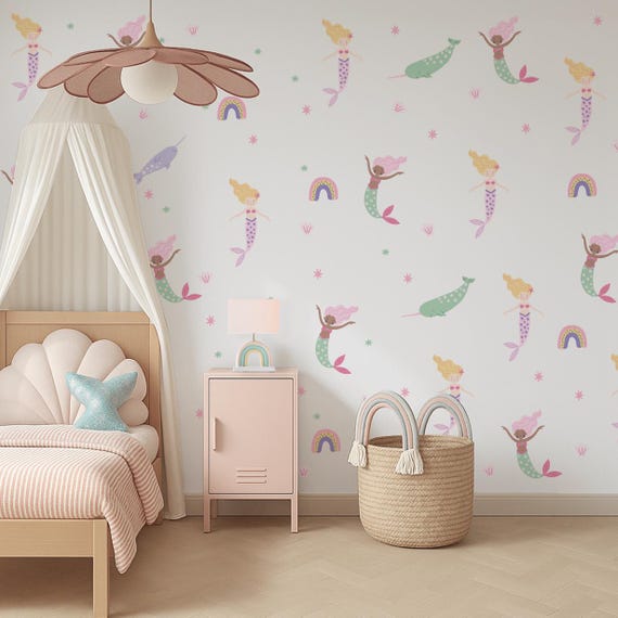 Cute mermaids wall decals for girls ~ Under the sea wall stickers for kids room ~ Girly removable wall decals ~ Kids Valentines gift idea