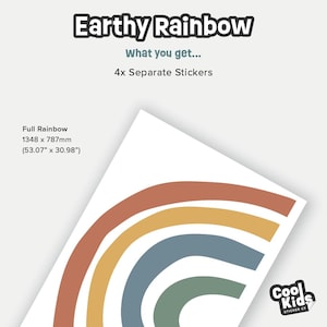 May include: Four separate stickers of an earthy rainbow with colors including red, orange, yellow, blue, and green. The full rainbow measures 53.07 inches by 30.98 inches.