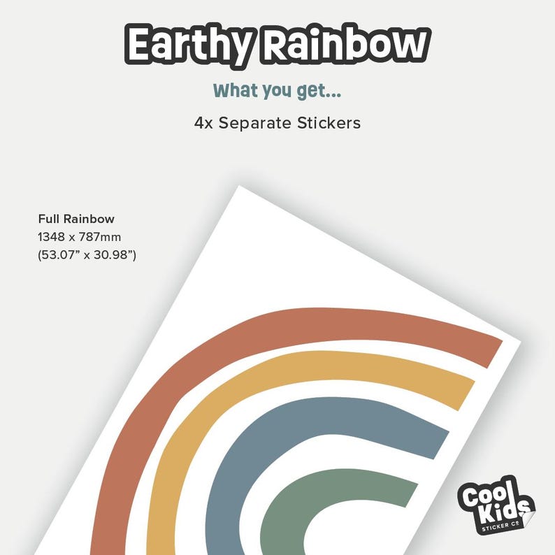 May include: Four separate stickers of an earthy rainbow with colors including red, orange, yellow, blue, and green. The full rainbow measures 53.07 inches by 30.98 inches.