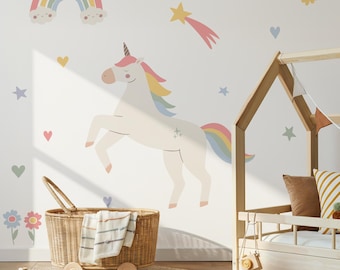 Eenhoorn muur sticker, meisjes kamer muur decor, kinderkamer kunst aan de muur, girly eenhoorn muur sticker, kinderkamer decor, regenboog sticker, kleurrijk muur decor