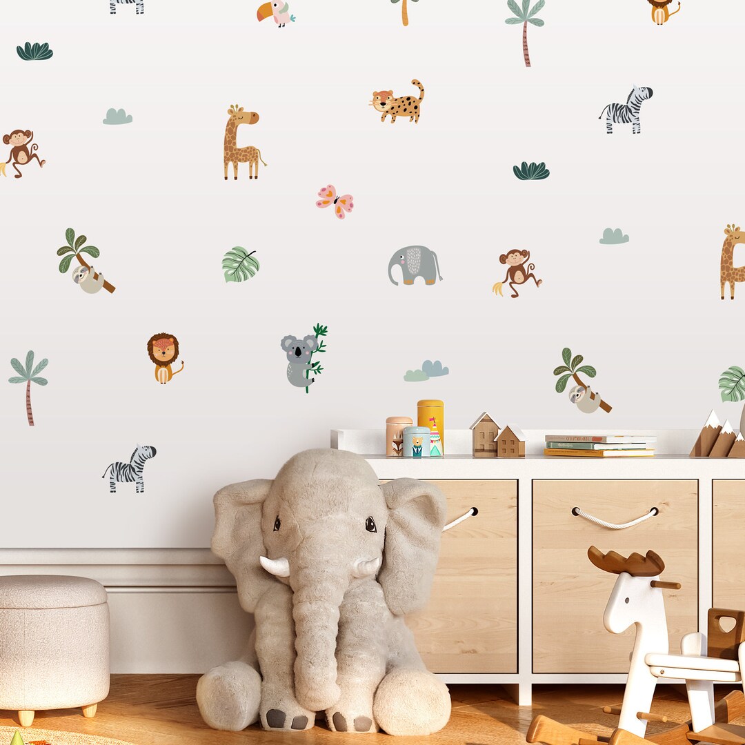 Cute Jungle Animals Wall Decals Safary Nursery Wall Stickers Kawaii ...