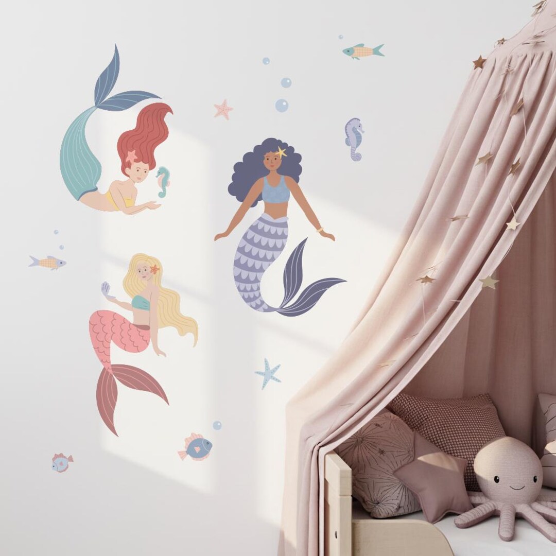 Mermaid Wall Decal - 3 Large Mermaid Wall Stickers for Girly Nursery ...