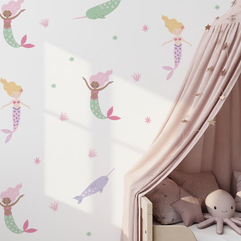 Lindas calcomanías de pared de sirenas para niñas ~ Calcomanías de pared bajo el mar para habitación infantil ~ Calcomanías de pared extraíbles para niñas ~ Idea de regalo para guardería infantil imagen 1