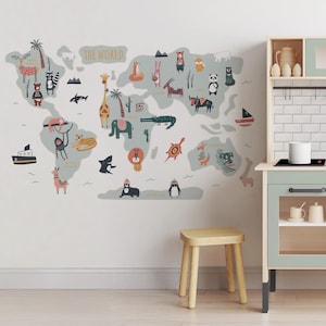 Adesivi murali con mappa degli animali, decalcomania con mappa del mondo interattiva, decalcomania murale con mappa per bambini, decalcomania geografica, arazzi da parete con tema safari, murale educativo