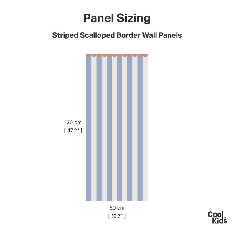 May include: A rectangular wall panel with vertical blue and white stripes and a scalloped top border. The text reads Panel Sizing, Striped Scalloped Border Wall Panels, and Cool Kids. Dimensions are 120 inches by 47.2 inches and 50 inches by 19.7 inches.