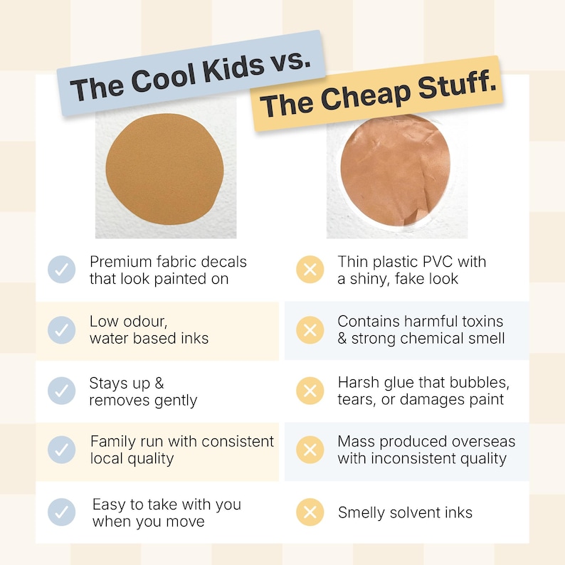 May include: A comparison chart titled The Cool Kids vs. The Cheap Stuff. The left side lists benefits of premium fabric decals, including low odor water-based inks and easy removal. The right side lists drawbacks of thin plastic PVC, noting toxins, chemical smells, and potential paint damage.