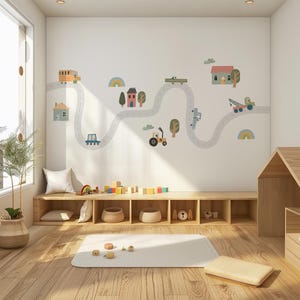 Muurstickers speelkamer, muurstickers grote wegenkaart, muurstickers stadsweg, muurstickers montessorikamer, decor cool speelgoed kamer, peuterkamer