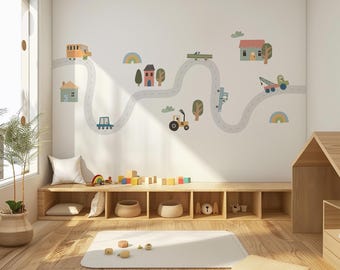 Calcomanías de pared para sala de juegos, calcomanías de mapa de carreteras grande, calcomanías de carreteras urbanas, decoración de pared para habitación Montessori, calcomanías de pared para coches, calcomanía para habitación de niños