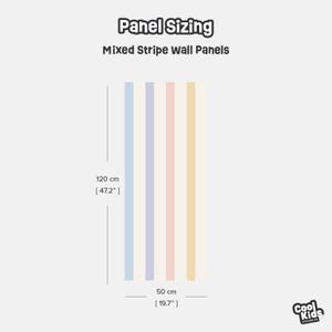 May include: Panel sizing graphic for mixed stripe wall panels. The panels are 47.2 inches tall and 19.7 inches wide. The panels have vertical stripes in pastel colors: blue, lavender, pink, and yellow.