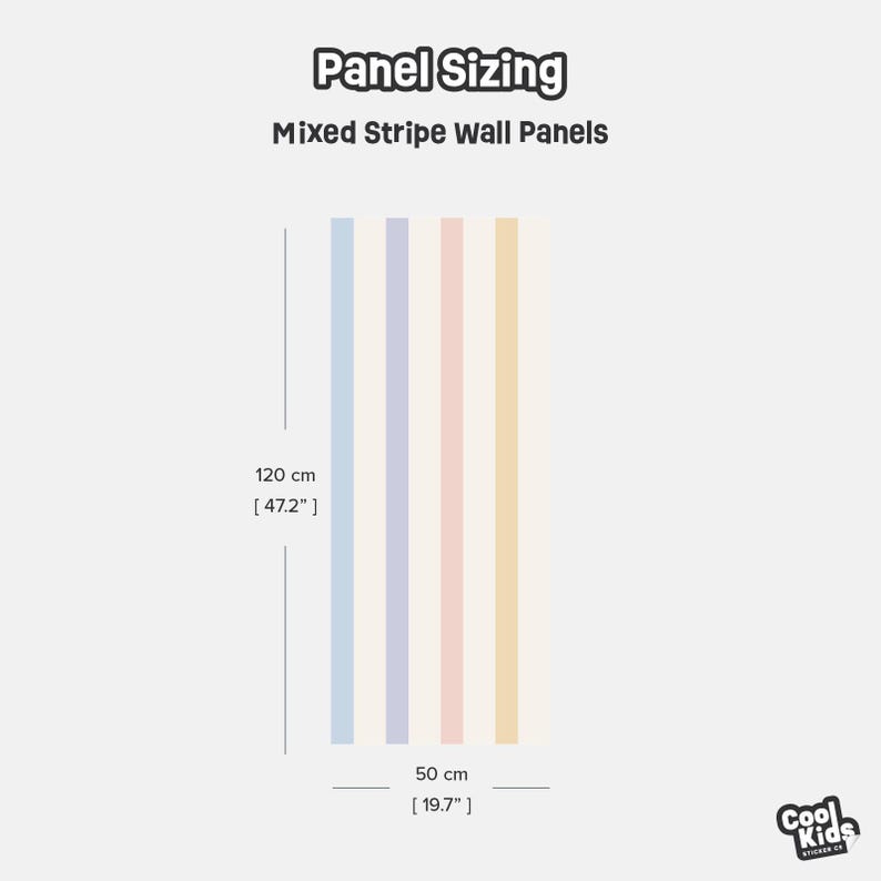 May include: Panel sizing graphic for mixed stripe wall panels. The panels are 47.2 inches tall and 19.7 inches wide. The panels have vertical stripes in pastel colors: blue, lavender, pink, and yellow.