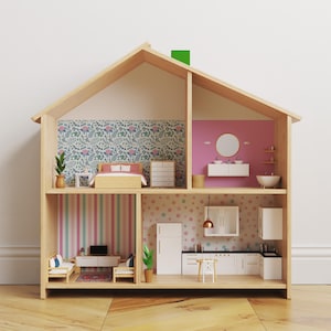 May include: A wooden doll's house with four rooms, including a bedroom, bathroom, living room, and kitchen. The doll's house has pink, blue, and green accents and features a variety of furniture and accessories.