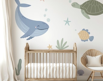 Large Whale Wall Stickers, Ocean Animals Wall Decals, Baby Nursery Decor, Sea-Themed Kids Room Decor, Big Sea Turtle Sticker, Under The Sea