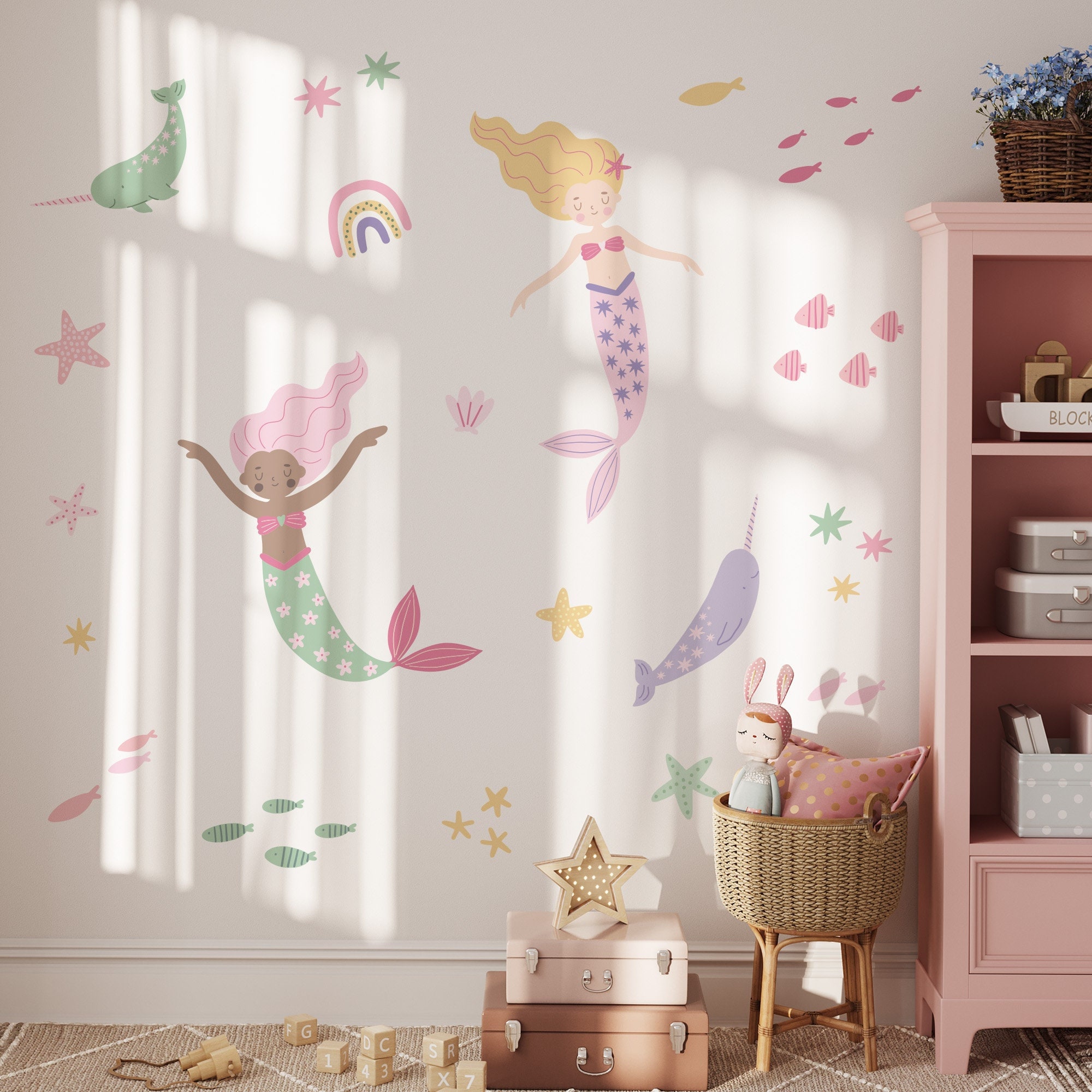 Mermaid Wall Decals For Girls Room - Peel & Stick Removable Nursery Wall Stickers