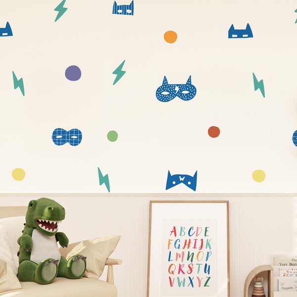 Bright boys room wall decals with superhero masks and lightning bolts, perfect wall stickers for boys game room