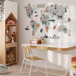 Interactive animal world map decal for kids, peel and stick fabric educational wall stickers - Ideal Birthday Gift for Boys or Girls
