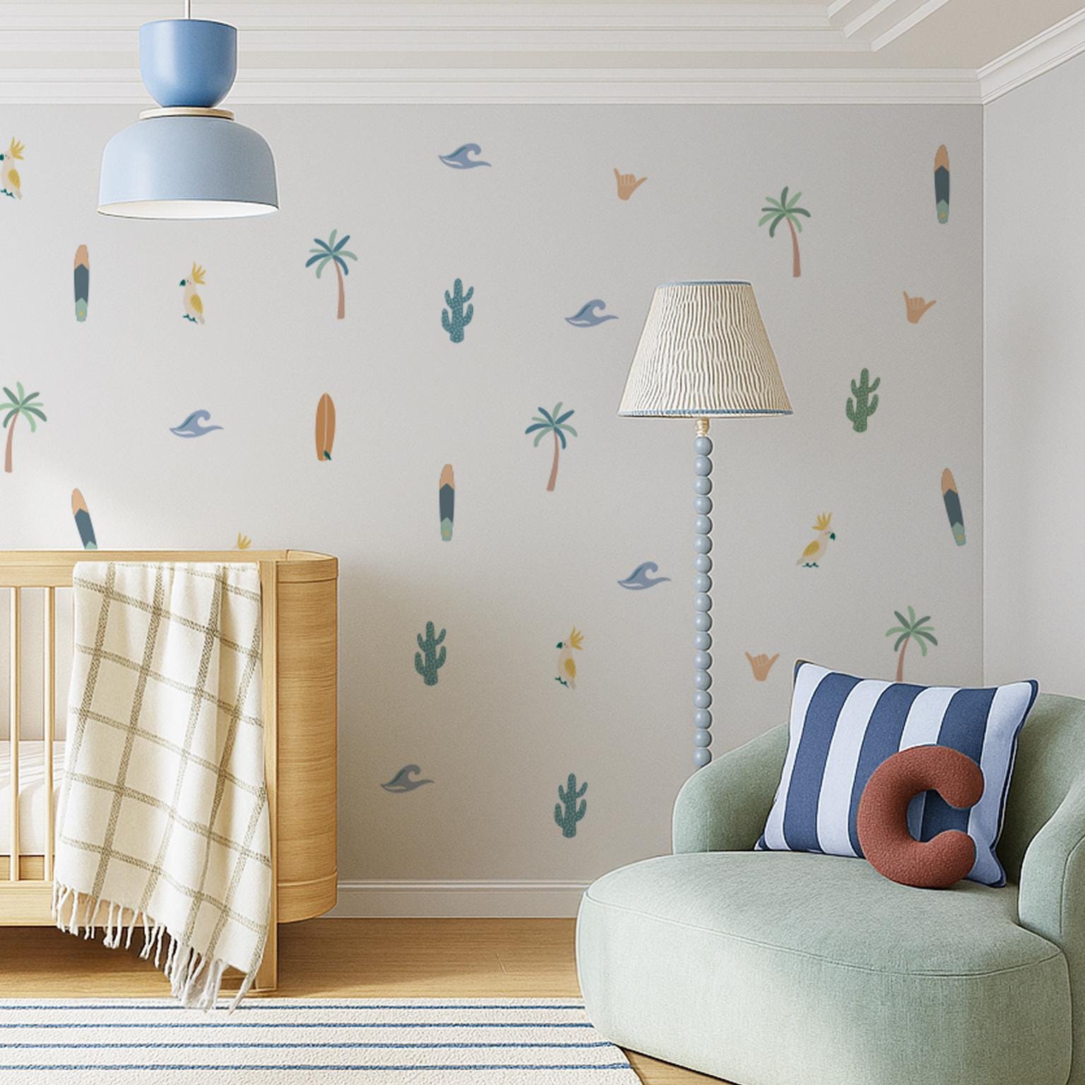 Cool beach surf wall decals for kids bedroom - wall stickers for coastal toddler room - gender neutral decal - tropical beach wall decal