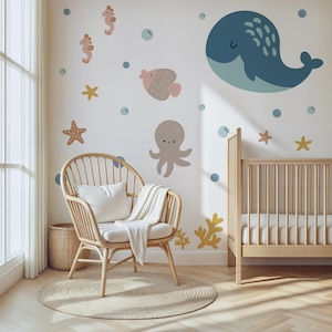 Sea Animal Wall Decal, Big Decals For Nursery Room, Kids Room Decal, Whale Wall Decal, Octopus Wall Sticker, Under Sea Wall Decal, Nautical