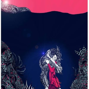 May include: A black and white illustration of a couple embracing underwater. The woman is wearing a red dress and the man is holding her close. The background is a dark blue with a pink sky above.