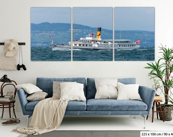 Steamboat "Simplon" on the waters of Lake Geneva in Switzerland, photo print on canvas for interior decoration
