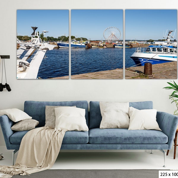 Photographie de France - Eau, grande roue et bateaux de pêche dans le port d’Honfleur, décoration murale d’intérieur, impression sur toile