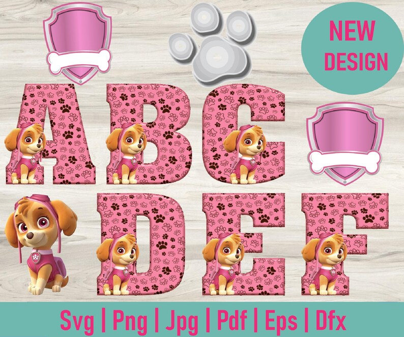 Download Paw Patrol Skye Pink with footprints SVG png letters and ...