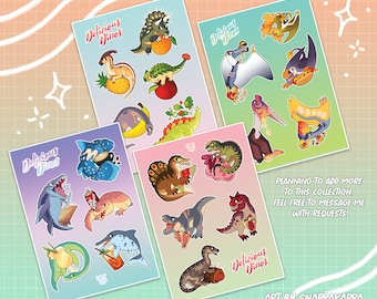 Könnte beinhalten: Vier Blätter mit Aufklebern, die farbenfrohe Comic-Dinosaurier zeigen, die verschiedene Speisen und Getränke genießen. Die Aufkleber sind mit "Delicious Dinos" beschriftet und zeigen eine Vielzahl von Dinosauriern, darunter einen Stegosaurus, einen Pterodactylus, einen Triceratops und einen Velociraptor. Die Aufkleber sind perfekt, um jedem Projekt eine lustige und skurrile Note zu verleihen.