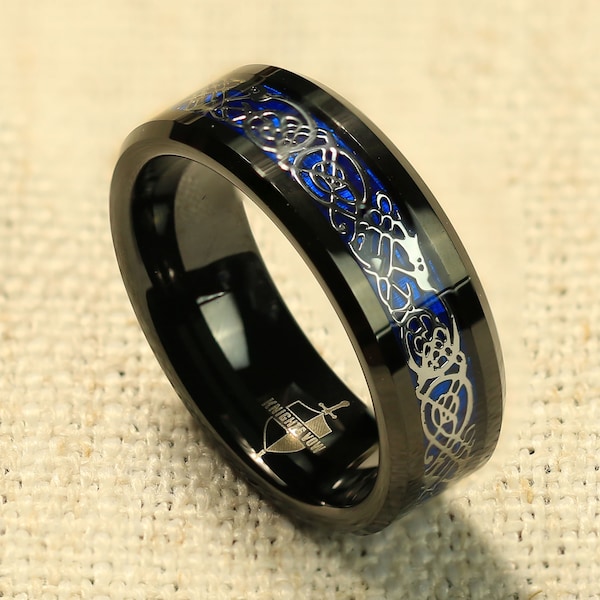 Blue Dragon Celtic Design Tungsten Ring  Black Edges, Personalized Ring, Tungsten Carbide Ring, Men's Jewelry, Wedding Band, Fashion Ring