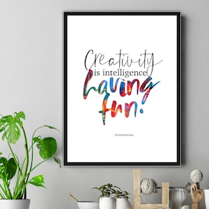 Impresión "La creatividad es inteligencia y diversión", arte mural con cita inspiradora, póster minimalista colorido, decoración motivacional, regalo artístico