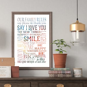 Unsere Familie Regeln Druck, Haus wärmendes Geschenk, Wohnkultur, Geschenk Wandkunst, Zitat Drucke, Wohnzimmer Drucke