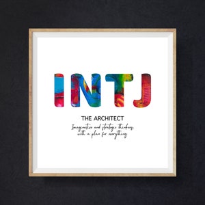 May include: A white printable poster with the letters INTJ in colorful, abstract font. The text "THE ARCHITECT" is below the letters, followed by the phrase "Imaginative and strategic thinkers, with a plan for everything."
