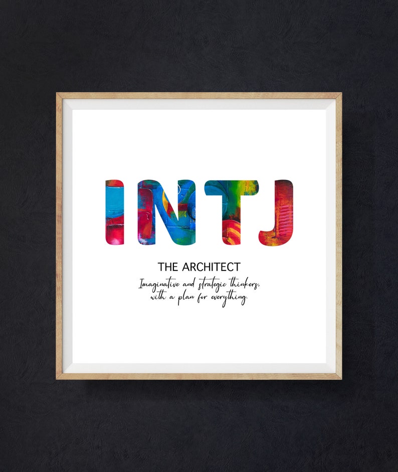 May include: A white printable poster with the letters INTJ in colorful, abstract font. The text "THE ARCHITECT" is below the letters, followed by the phrase "Imaginative and strategic thinkers, with a plan for everything."