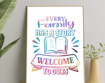 Every Family Has a Story Quote Print – Minimalist Colourful Wall Art, Inspirational Home Decor, Unframed Poster Gift for Living Room