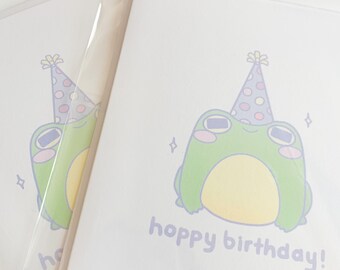 carte d’anniversaire de grenouille / carte de vœux « hoppy birthday » / carte de vœux de jeu de mots de grenouille / carte de vœux vierge pour les anniversaires / carte d’art de grenouille mignonne