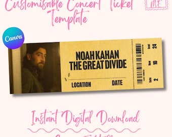 Modello Canva modificabile per il biglietto del concerto del tour "The Great Divide" di Noah Kahan (download digitale) / Regalo souvenir personalizzabile