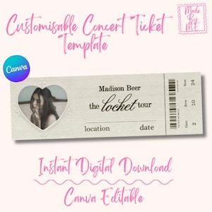 Può includere: Un modello di biglietto per concerti personalizzabile con il testo "Madison Beer the locket tour". Il biglietto presenta una cornice a forma di cuore e un codice a barre. Il design include le parole "Download digitale istantaneo" e "Canva Editable".