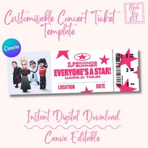 以下が含まれることがあります： ピンクと白のデザインの、カスタマイズ可能なコンサートチケットテンプレート。「5 Seconds of Summer Everyone's a Star! World Tour」の文字とバンドの写真が特徴です。デジタルダウンロード、Canvaで編集可能。