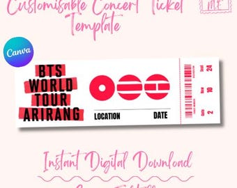 Modello modificabile per il biglietto del concerto del tour "ARIRANG" dei BTS su Canva (download digitale) / Regalo ricordo personalizzabile