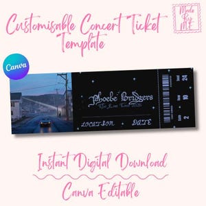 Puede incluir: Una plantilla de entrada de concierto personalizable con fondo negro, texto en blanco que dice Phoebe Bridgers The Reunion Tour 2026, un código de barras y un gráfico de un coche en una carretera al atardecer. El diseño incluye espacios para la ubicación y la fecha.