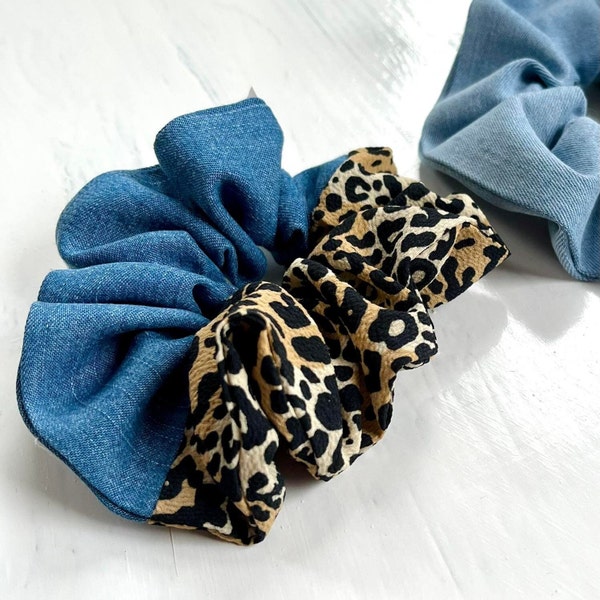 Denim scrunchie with leopard print | WILD | double sided - hair ties for women - girls gifts ideas