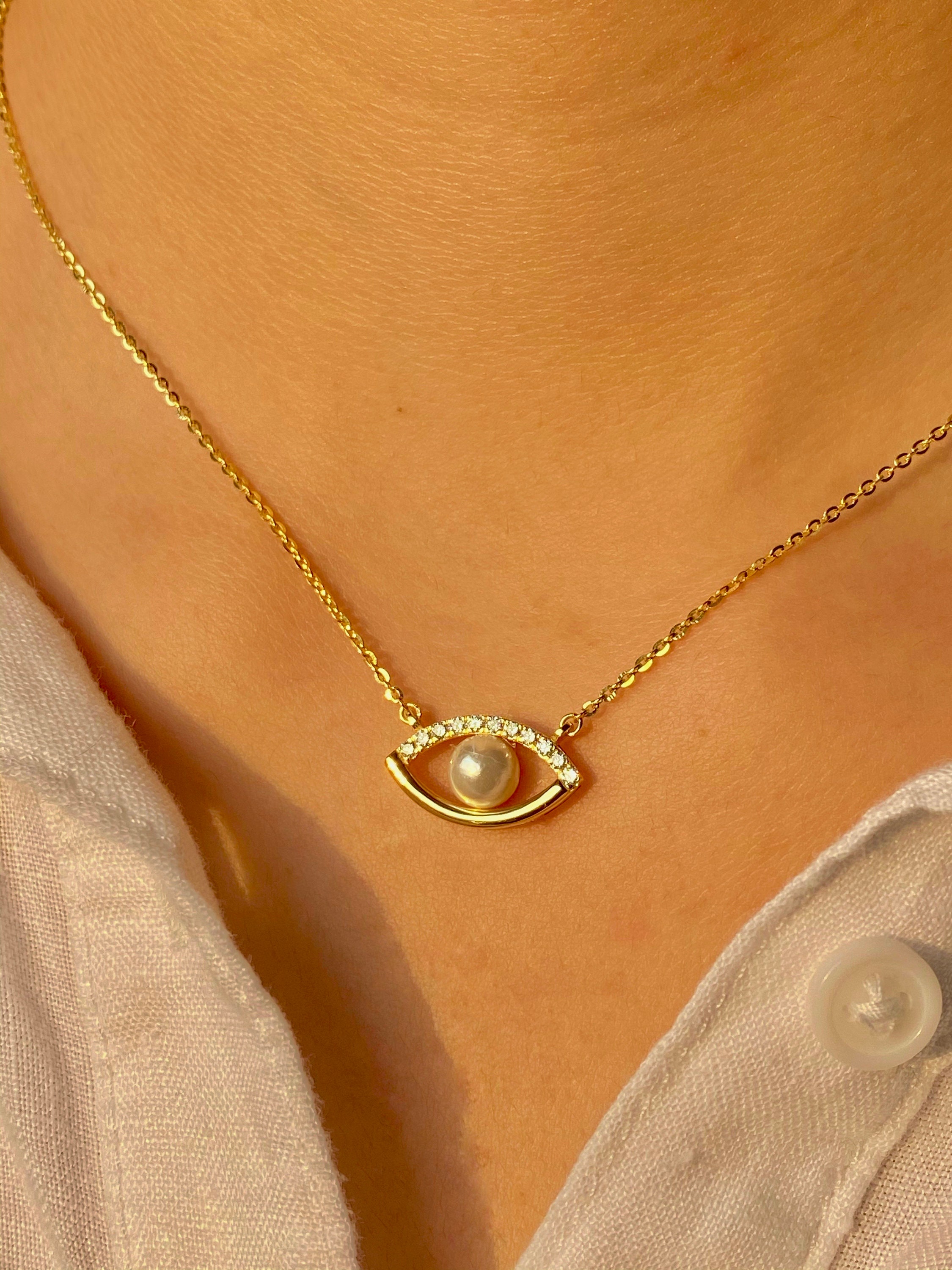 Evil Eye Pearl Necklace 14 Kt Solid Gold Diamond Necklace Etsy