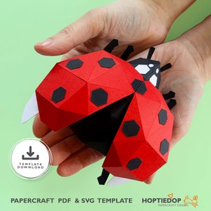 Szablon Papercraft 3D Biedronka, PDF do wydrukowania i SVG, Biedronka walentynkowy prezent DIY, Latająca biedronka, Trofeum ścienne z robaczkiem na szczęście