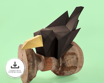 Plantilla de cuervo de artesanía en papel 3D, modelo de pájaro de papel para decoraciones interiores de Halloween, escultura artesanal de cuervo gótico para descargar, patrón PDF y SVG